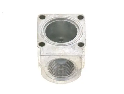 BOSCH Flansch aus Metall, rechteckige Form mit zwei Bohrungen an der Oberseite und einem Gewinde an der Unterseite für den Anschluss.